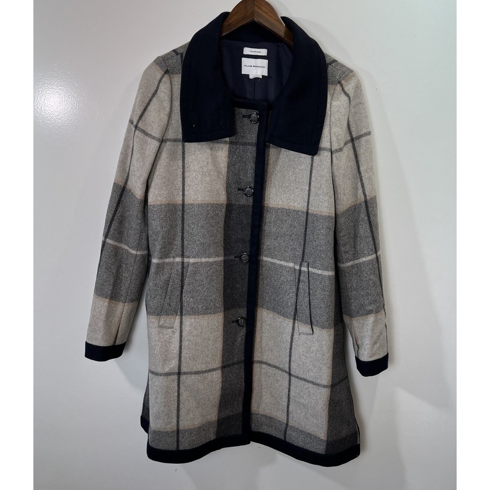 Club Monaco Womens Italian Wool Coat M Plaid Preppy Dark Academia Classic Warm